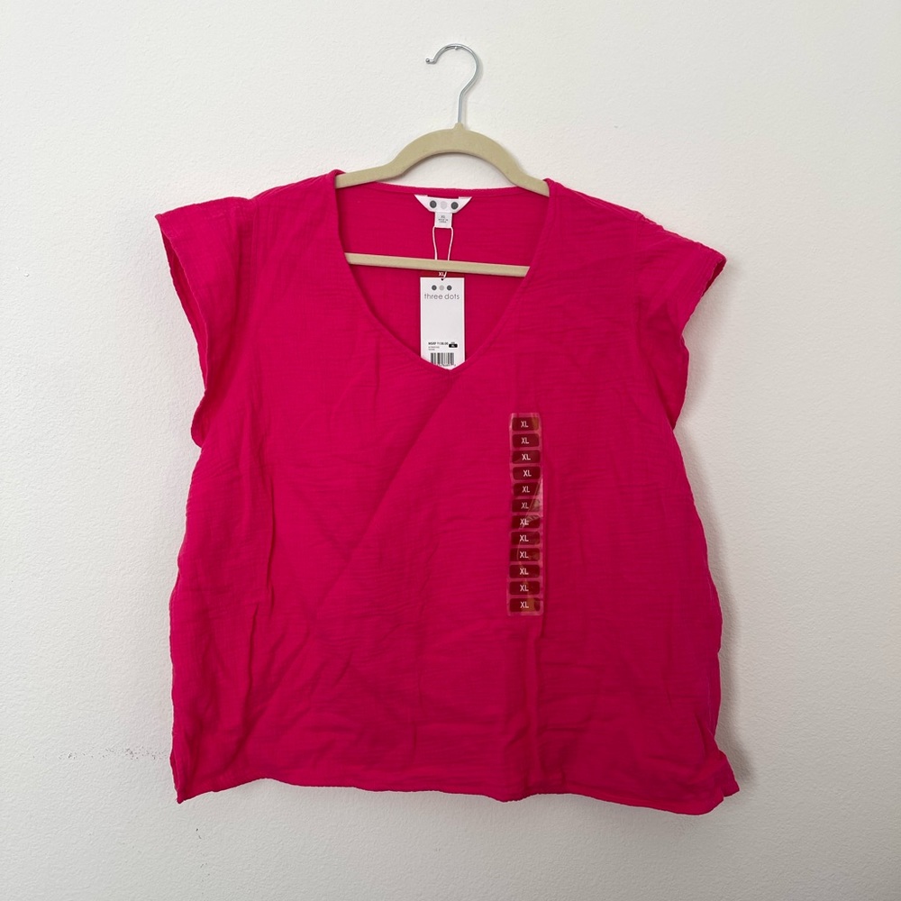 NWT Three Dots Size XL Fuchsia Short Sleeve Double Gauze Top